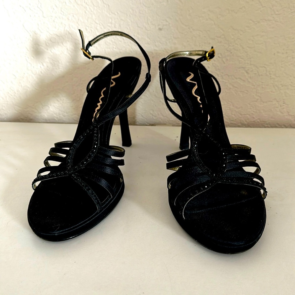 Woman’s size 10M Nina, black satin/ rhinestone, strappy, heeled sandals.